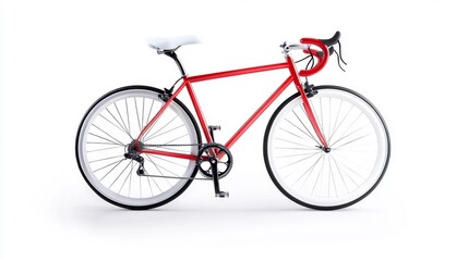 Fototapeta premium Red minimalist bicycle with white wheels isolated on white background. Generative AI