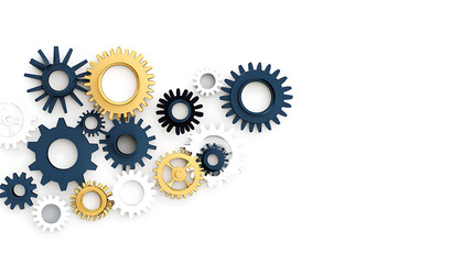 Interlocking Gear Mechanism System in Gold Blue and White Abstract Arrangement on Pure White Background