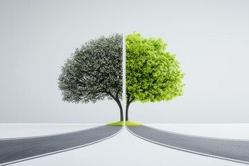 Contrast of life and death tree duality on diverging pathways minimalist style inspirational setting