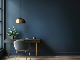 Obraz premium Dark blue wall home office desk chair