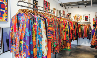 Distinctive one-of-a-kind fashion pieces elegantly displayed on sleek modern fixtures for exclusive upscale retail environments