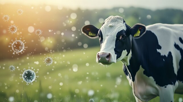 Dairy cow with avian flu virus particles, symbolizing animal health risks and disease prevention.