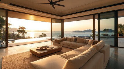 Fototapeta premium Modern living room with clean, minimal design and natural light, embodying simplicity and elegance.