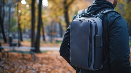 Fototapeta premium Man with backpack walking autumn park