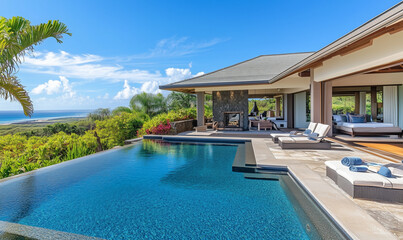 Fototapeta premium Upscale seaside escape featuring an infinity pool and panoramic ocean views, epitomizing luxurious coastal living