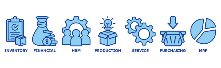 ERP icon set illustration concept for enterprise resource planning with icon of inventory, financials, hrm, production, service, purchasing, and mrp 