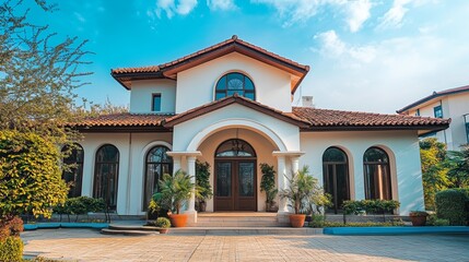 Obraz premium Luxury house entrance under a clear blue sky, showcasing elegance and tranquility in a serene outdoor setting.