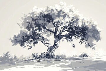 Ancient tree, serene landscape, misty morning, peaceful nature, design element