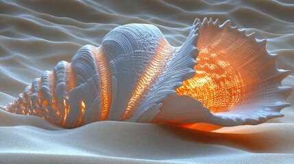 A beautifully illuminated seashell resting on soft sand, showcasing intricate patterns and textures