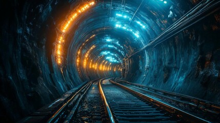 Obraz premium A beam of light traverses a dark tunnel, symbolizing discovery and innovation in a futuristic setting.