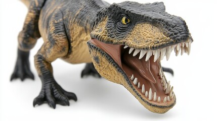 Close-up of a fierce T-Rex figurine with sharp teeth, capturing its menacing essence and primal power.