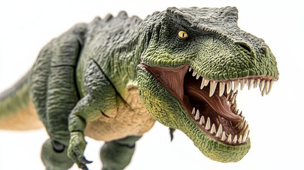 Close-up of a fierce T-Rex figurine with sharp teeth, capturing its menacing essence and primal power.