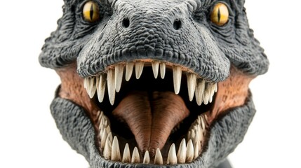 Close-up of a fierce T-Rex figurine with sharp teeth, capturing its menacing essence and primal power.