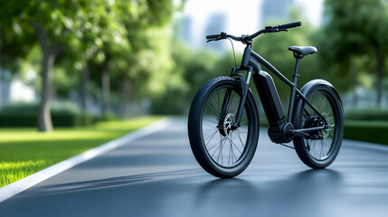 An electric bike parked on a modern path amidst lush greenery, showcasing a blend of technology and nature.