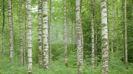 Fototapeta premium Light Filtering Through Birch Trees in Forest Landscape Green Foliage Ground Cover Fresh Air