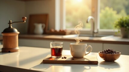 Morning Kitchen Ritual Aromatic Coffee, Roasted Beans, and Golden Sunlight Streaming Through Window