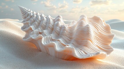 A large, intricately detailed seashell resting on soft, sandy dunes under a serene sky at sunset