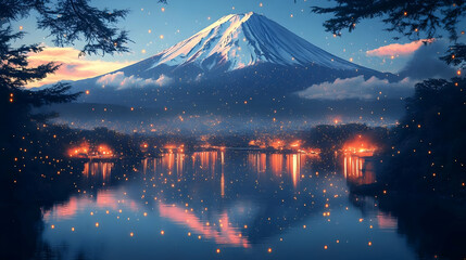 Snowy Mountain Over Lake At Sunset With Reflections