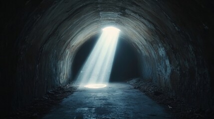 Naklejka premium A beam of light traverses a dark tunnel, symbolizing discovery and innovation in a futuristic setting.