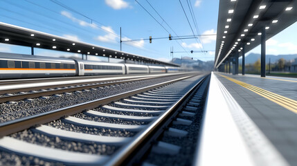 Naklejka premium A close-up view of train tracks at a modern railway station under a clear blue sky.