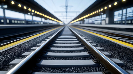 A close-up view of railway tracks leading into a bright horizon, showcasing the journey of train travel.