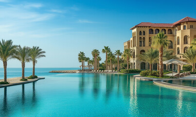 Opulent beach resort overlooking turquoise waters, offering world-class luxury, refined amenities, and breathtaking coastal panoramas