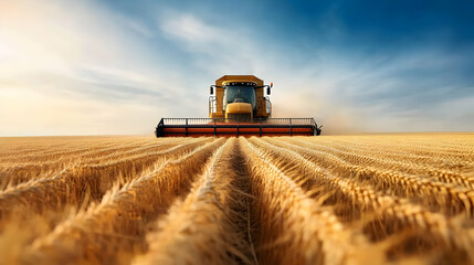 Fototapeta premium A combine harvester in a golden wheat field during sunset, showcasing modern agriculture and machinery.