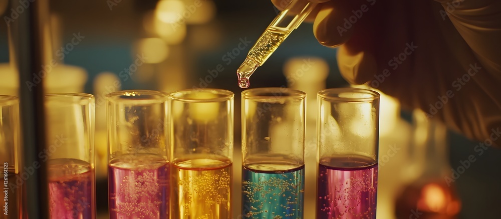 Poster Pipetting colored liquids into test tubes in a lab