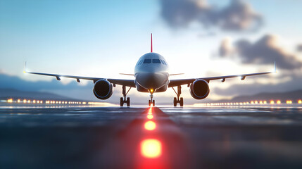 A commercial airplane preparing for takeoff on a runway at sunset with vibrant colors reflecting in the sky.