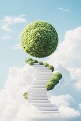 Floating spiral steps to a green sphere dreamlike sky digital art surreal environment inspirational concept