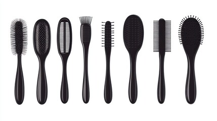 Black hairbrushes, grooming tools, white background, online store