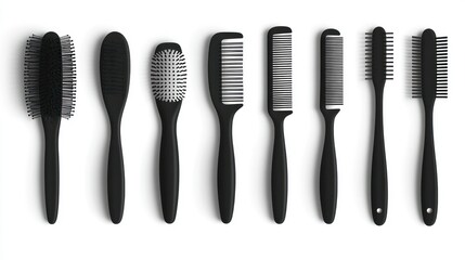 Black hairbrushes, combs, white background