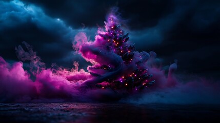Christmas Tree Surrounded By Pink Vapor And Cloud Against Dark Night Sky