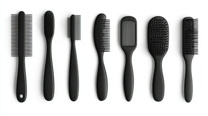 Black combs, brushes, white background