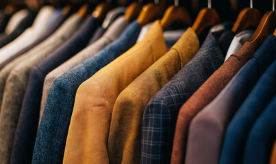 Obraz premium Tailored suits and formalwear neatly arranged for a sophisticated display, emphasizing refined style and craftsmanship