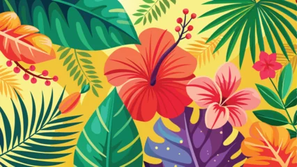 Fotobehang Tropische Bladeren flower background, A vibrant vector background featuring tropical hibiscus flowers and palm leaves with a summer vibe  © Ranadhie