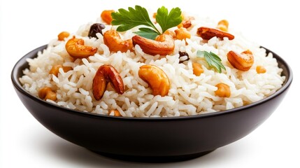 Bowl of Rice with Cashew Nuts and Parsley on Top. Generative AI