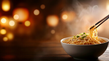 A steaming bowl of noodles served with chopsticks, evoking warmth and comfort in a cozy ambiance.