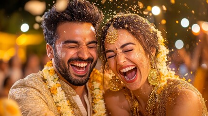 Happy Couple Celebrating with Colorful Flower Petals in Traditional Indian Wedding Celebration. Generative AI