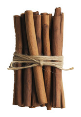 Bundle of cinnamon sticks tied with twine, isolated background. Aromatic spice and culinary concept