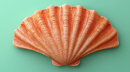 Vibrant orange scallop shell displayed on a mint green background, showcasing intricate details
