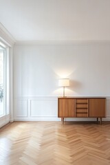 Fototapeta premium Empty bright room, herringbone floor, sunlight, mid-century dresser, interior design