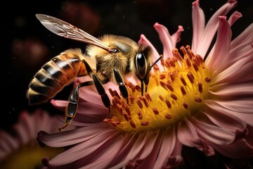 An Industrious Bee Diligently Collects Pollen from the Vibrant Petals of a Blooming Plant