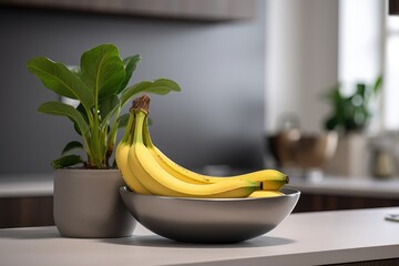A Single Banana Resting on the Kitchen Counter Adjacently to a Gray Bowl