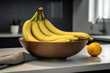 A Single Banana Resting on the Kitchen Counter Adjacently to a Gray Bowl