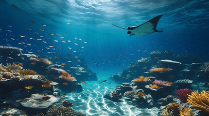 Fototapeta premium Sunlit Ocean Depths Filled with Exotic Fish and Graceful Sea Creatures