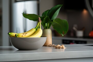A Single Banana Resting on the Kitchen Counter Adjacently to a Gray Bowl