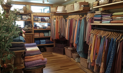 Obraz premium Handcrafted Clothes Displayed in a Well-Organized Display, Showcasing Unique Craftsmanship and Artistic Apparel Design