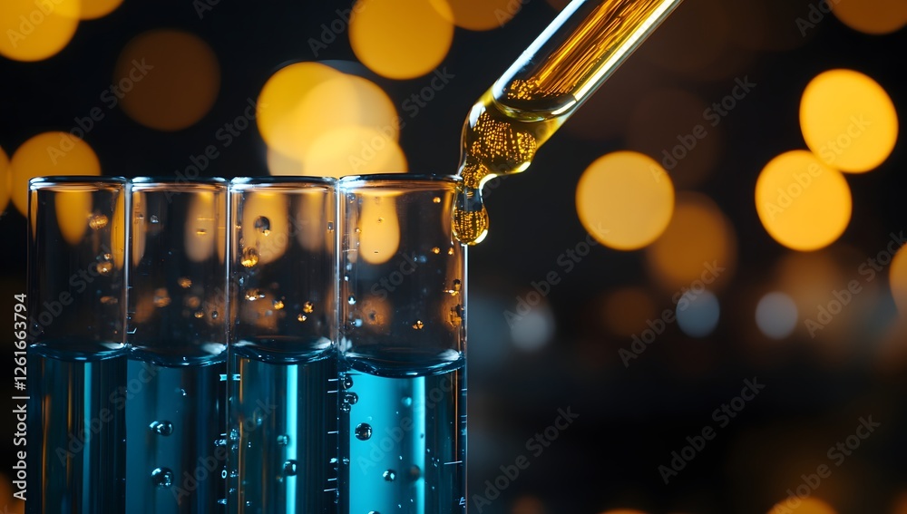 Poster lab test tubes, liquid dripping, bokeh background