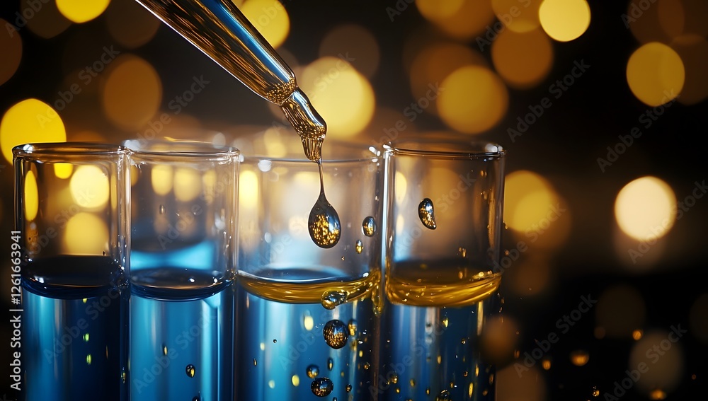 Poster droplet dispensing into test tubes with bokeh background